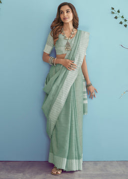 Haze Blue Woven Linen Silk Saree