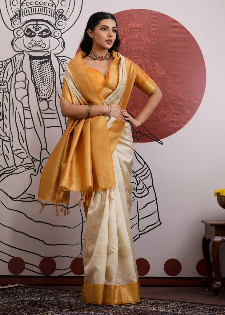 Mustard Border Ivory Woven Banarasi Silk Saree