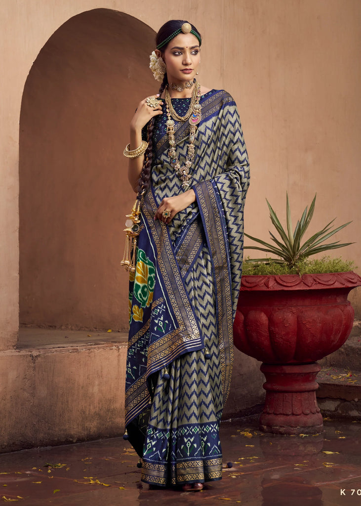 Twilight Blue Printed Patola Silk Saree