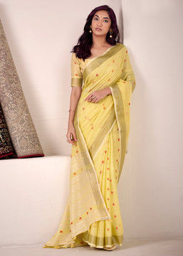 Lemon Yellow Woven Linen Silk Saree