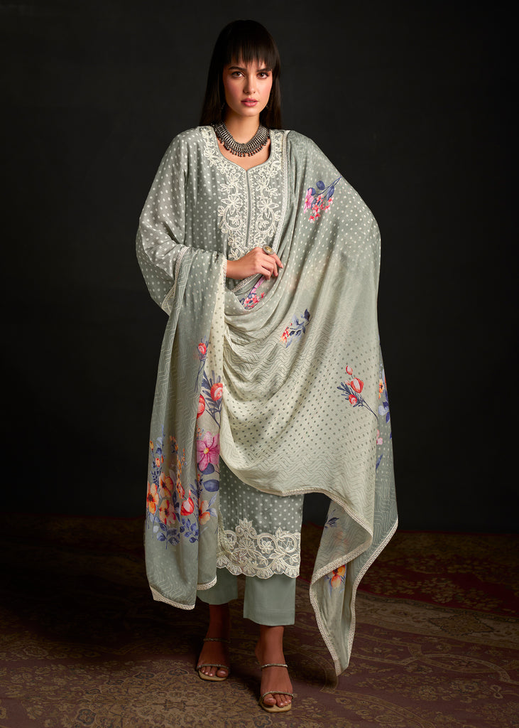 Silver Grey Embroidered Suit Set With Digital Print