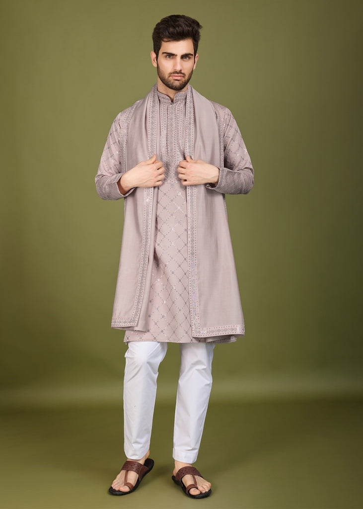 Shell Peach Sequence Kurta Set with Dupatta