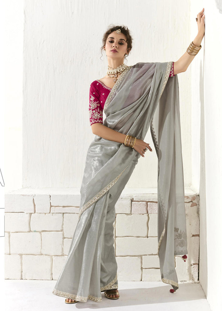 Silver Grey Designer Organza Tissue Silk Saree