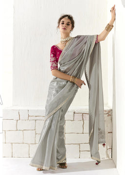 Silver Grey Designer Organza Tissue Silk Saree