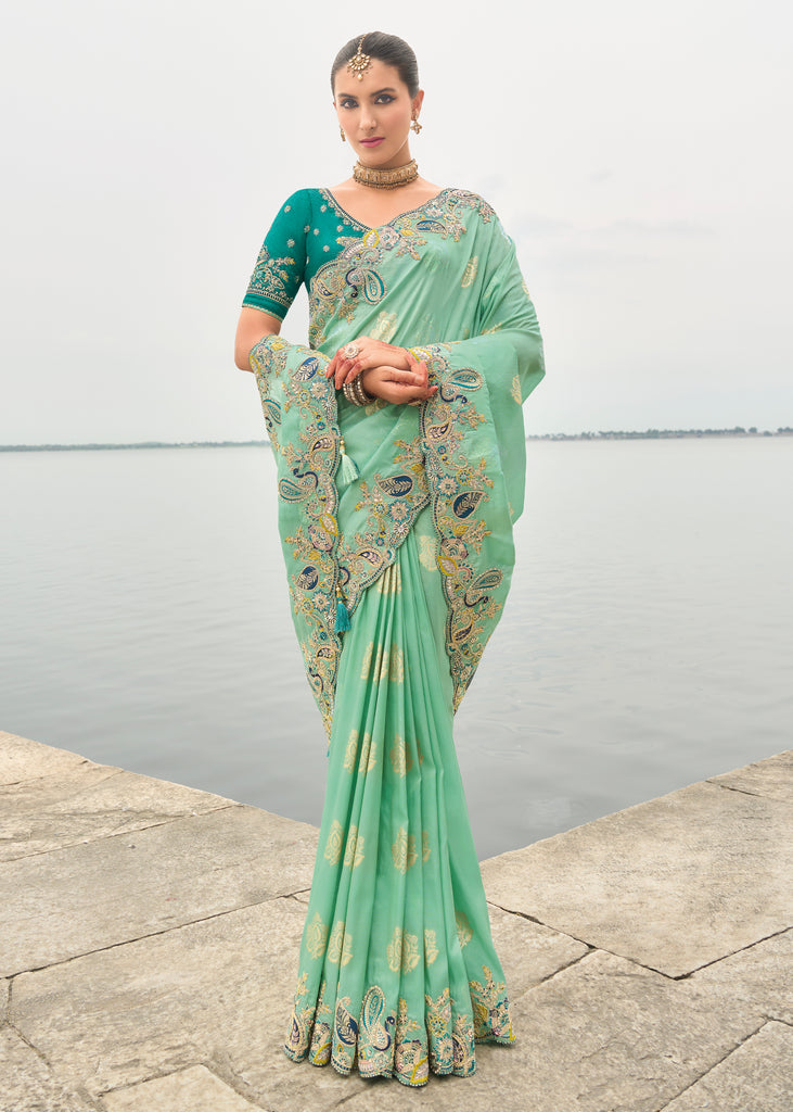 Mint Green Woven Banarasi Designer Silk Saree With Embroidered Blouse