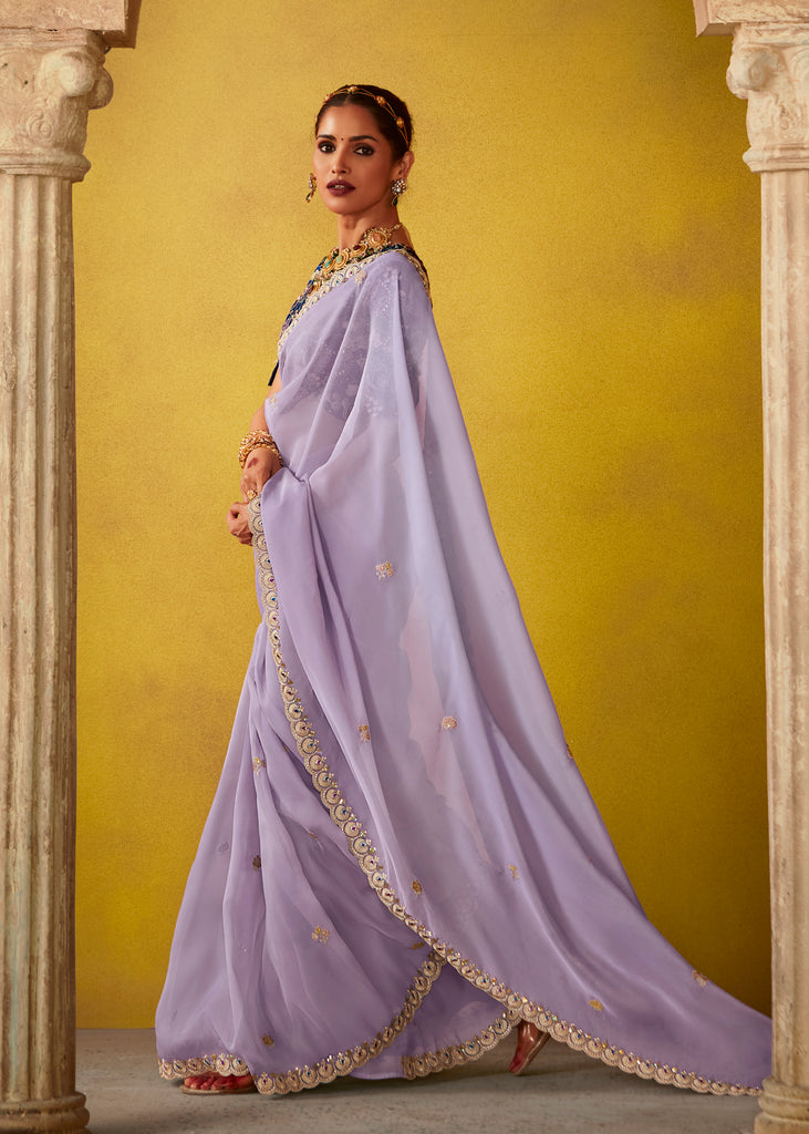 Lavender Purple Woven Embroidered Chiffon Saree