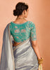 Silver Grey Woven Banarasi Designer Tissue Silk Saree With Embroidered Blouse