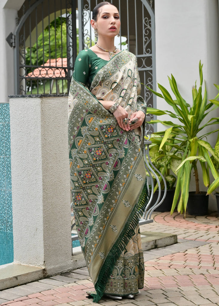 White & Green Woven Banarasi Patola Silk Saree
