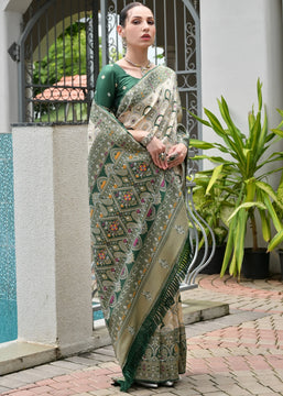 White & Green Woven Banarasi Patola Silk Saree
