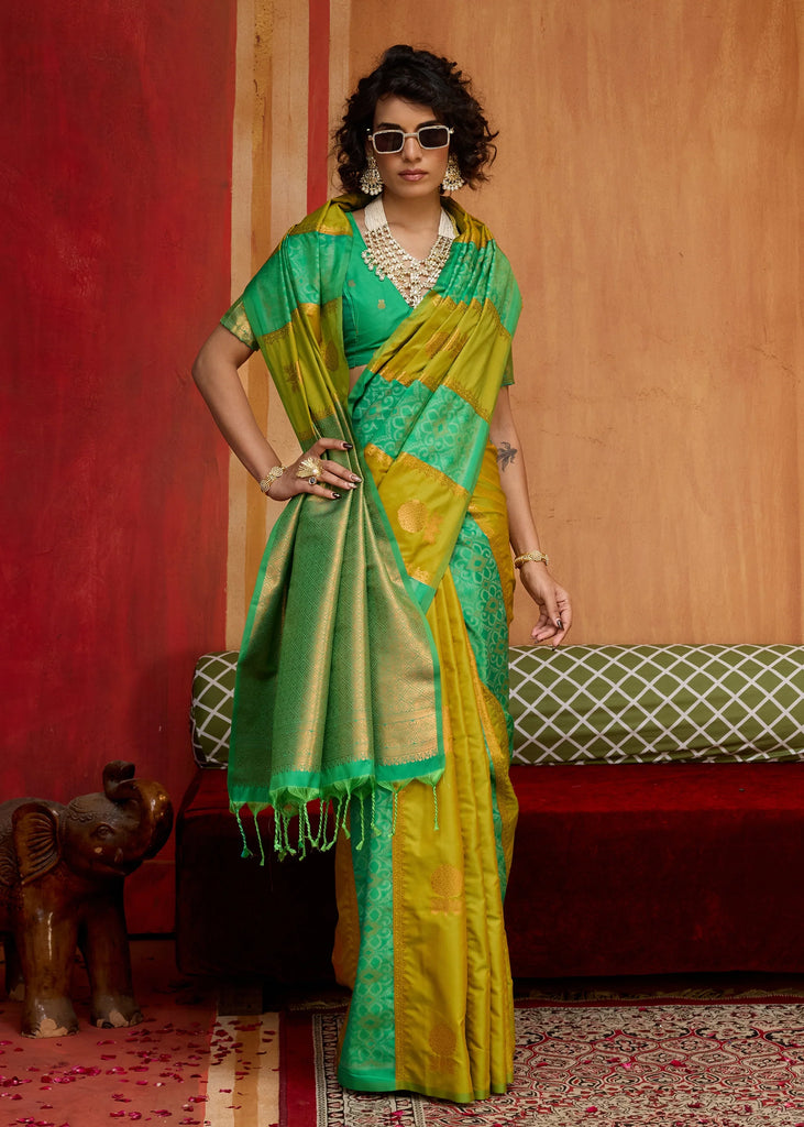Green Yellow Woven Banarasi Silk Saree