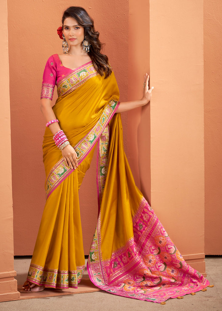 Mustard Yellow Woven Banarasi Patola Silk Saree