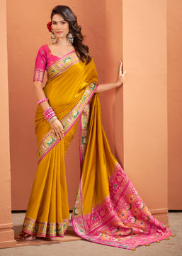 Mustard Yellow Woven Banarasi Patola Silk Saree
