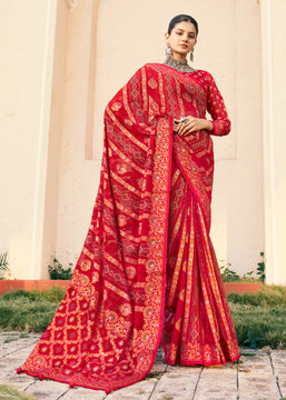 Fiery Red Printed Georgette Silk Saree