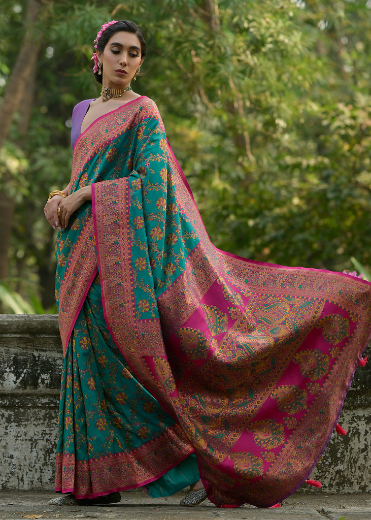 Teal Green Woven Kashmiri Jamewar Silk Saree