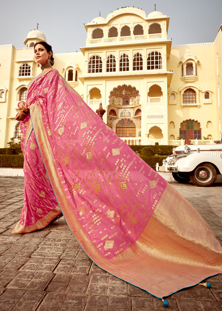 Peach Pink Woven Banarasi Designer Silk Saree With Embroidered Blouse