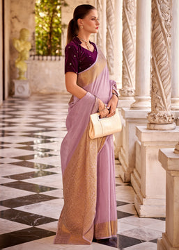 Lilac Purple Woven Banarasi Linen Silk Saree with Velvet Blouse