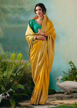 Haldi Yellow Woven Embroidered Banarasi Silk Saree