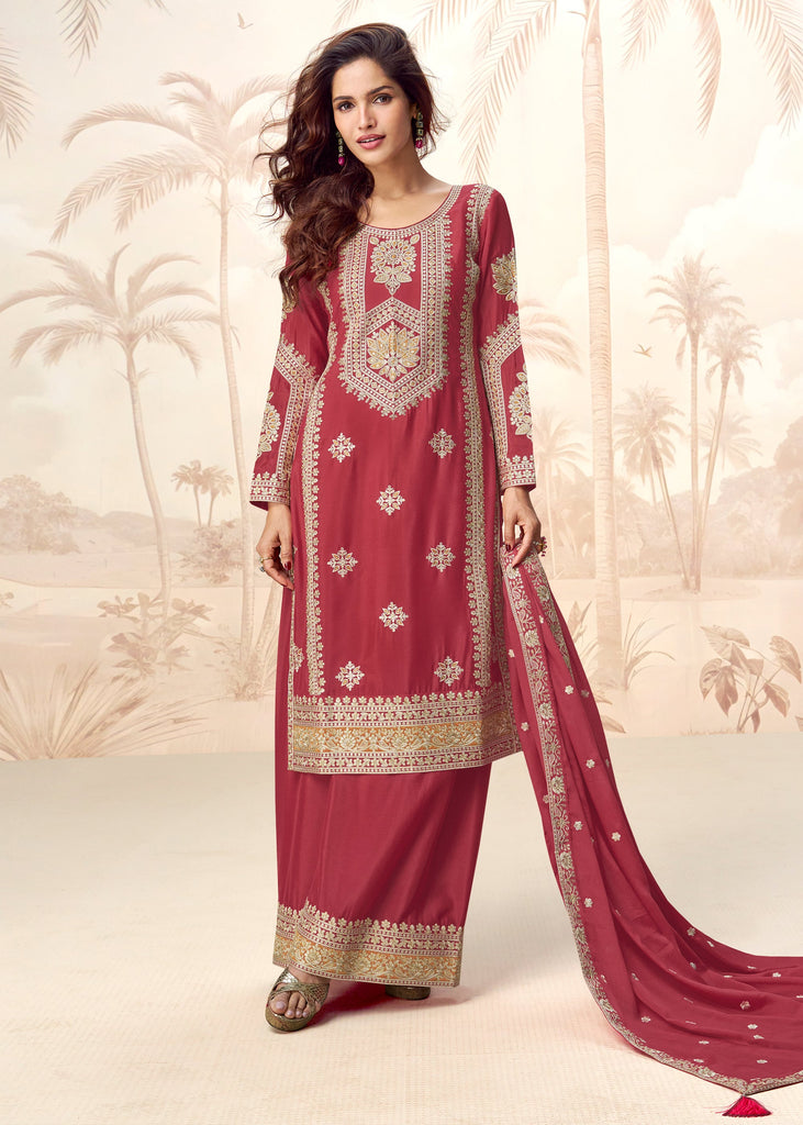 Pompeian Red Wedding Wear Embroidered Plazzo Set