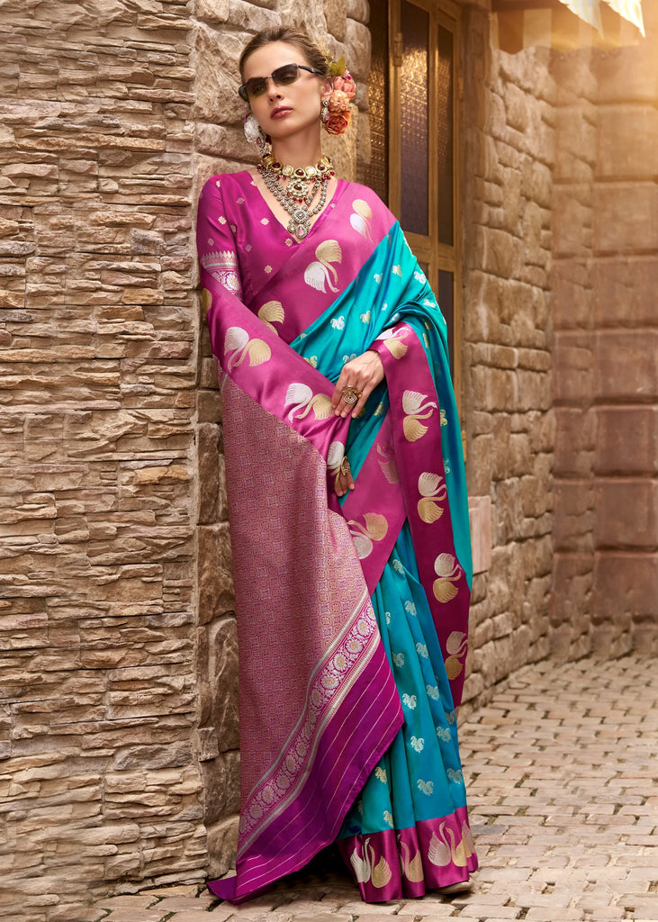 Horizon Blue Banarasi Satin Silk Saree