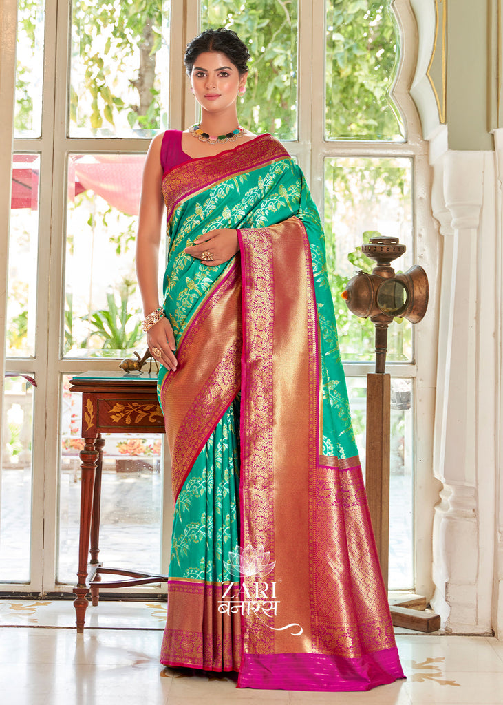 Mayuri: Kanjivaram Leheriya Saree Featuring Majestic Peacocks In Shades of Blue and Red (7659176034497) (7704220139713)