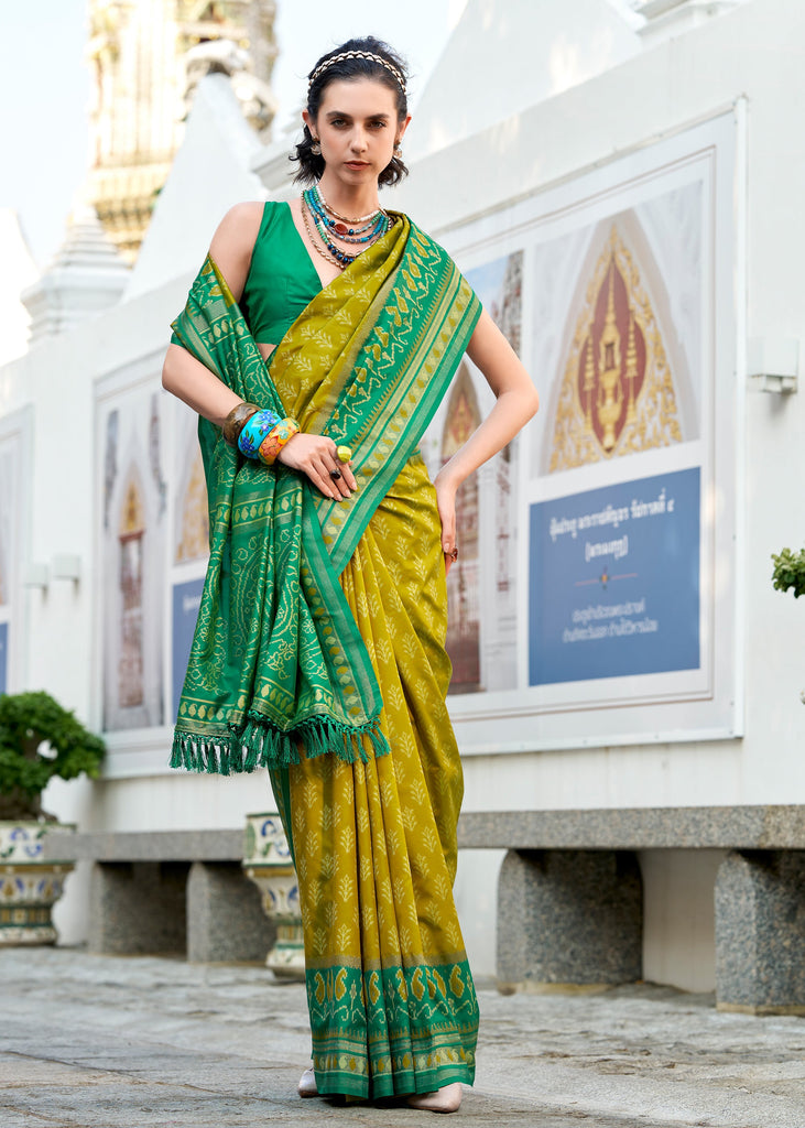 Lime Yellow Woven Soft Silk Saree