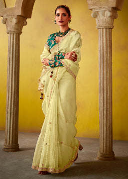 Pastel Yellow Woven Embroidered Chiffon Saree