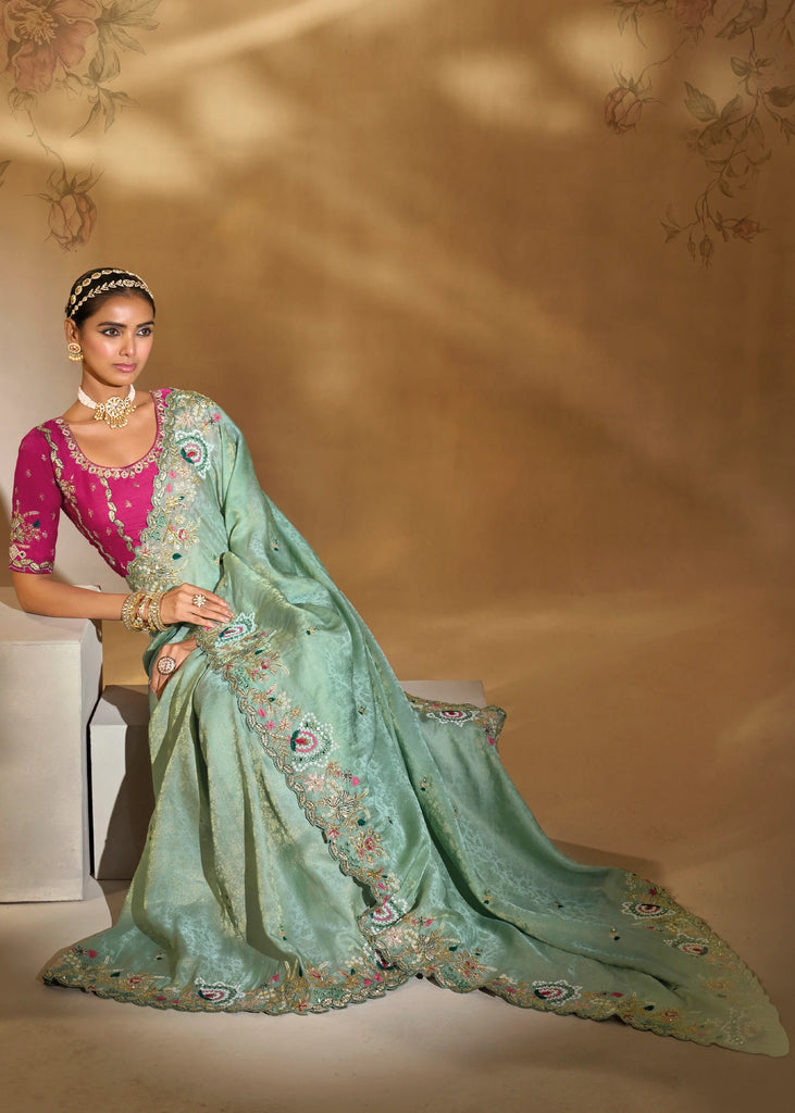 Mint Green Embroidered Kanjivaram Silk Saree