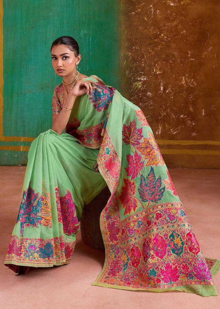 Pista Green Woven Cotton Kashmiri Jamewar Saree