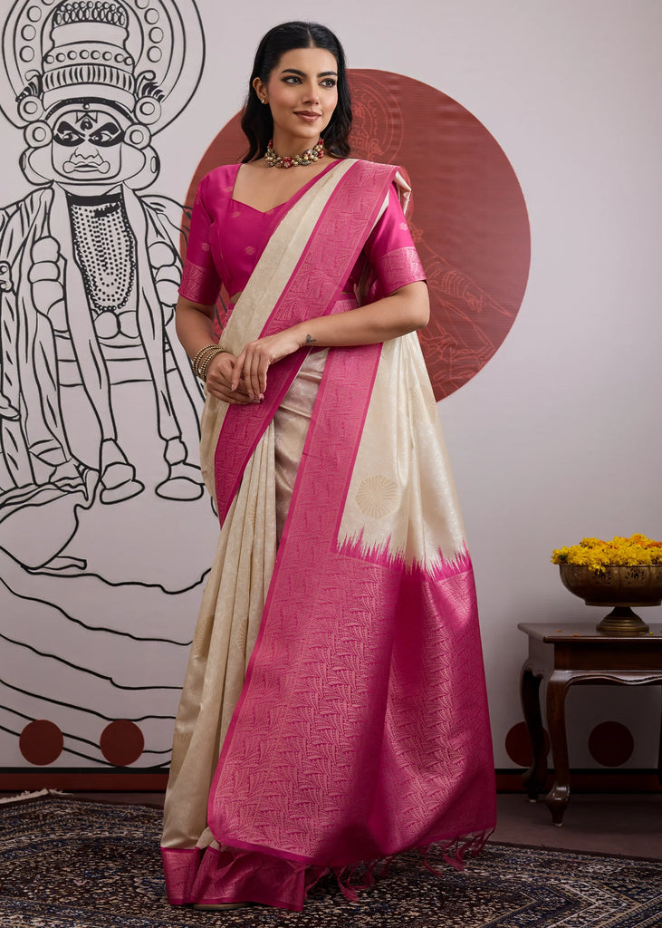 Pink Border Ivory Woven Banarasi Silk Saree