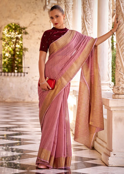 Blossom Pink Woven Banarasi Linen Silk Saree with Velvet Blouse