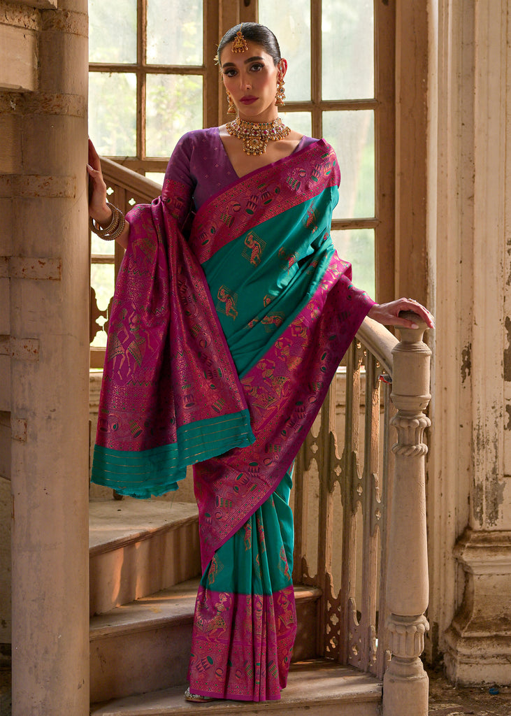 Antique Green Woven Kalamkari Banarasi Silk Saree