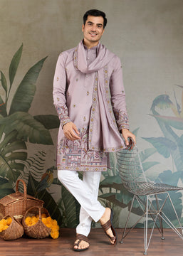 Lilac Purple Sequence Embroidered Cotton Kurta With Dupatta
