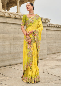 Blazing Yellow Woven Banarasi Designer Silk Saree With Embroidered Blouse