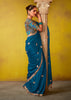 Coral Blue Woven Embroidered Chiffon Saree