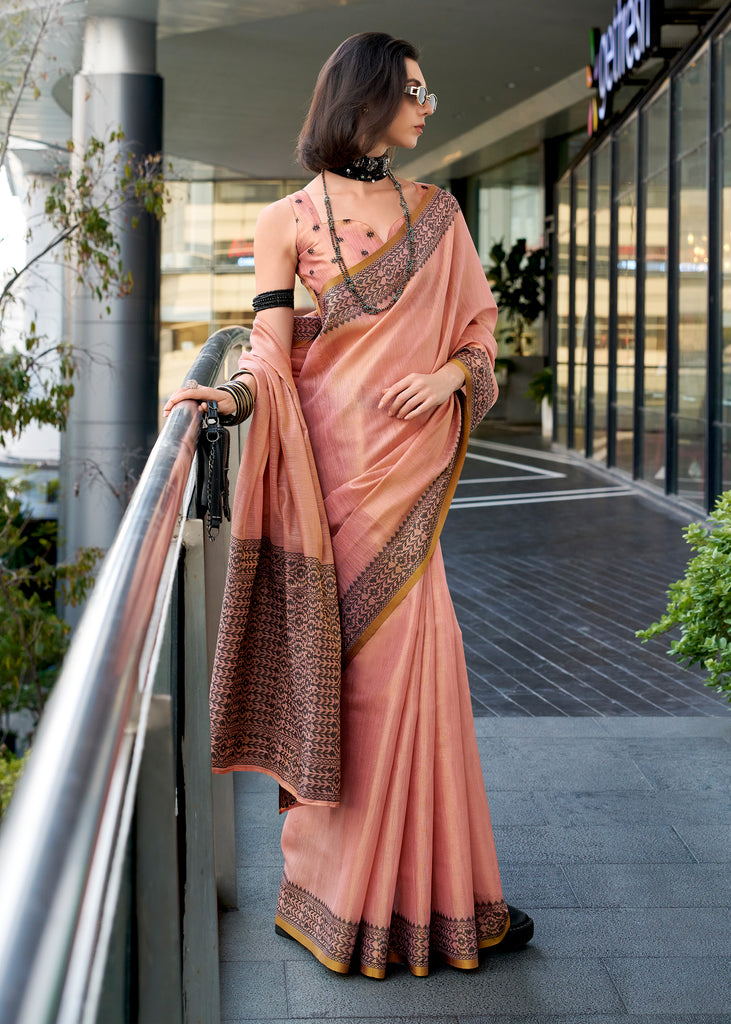 Apricot Peach Woven Linen Tissue Silk Saree