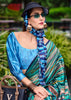 Turquoise Blue Satin Crepe Printed Silk Saree