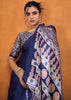Mazarine Blue Satin Silk Saree with Ajrakh Printed Pallu and Blouse