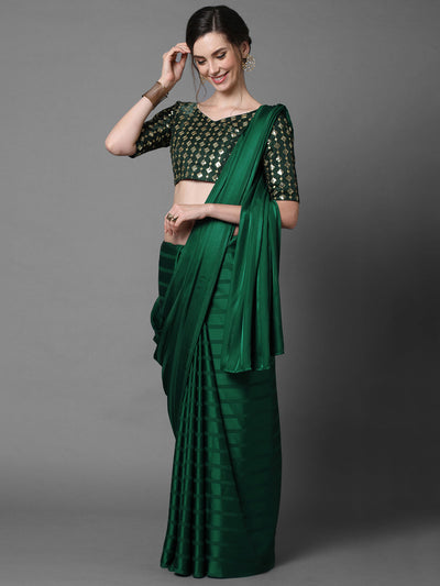 EMERALD GREEN WOVEN SATIN SILK SAREE (6867157680321)