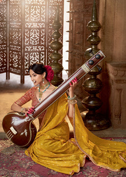 “Exclusive Offer” : Golden Yellow Woven Designer Embroidered Silk Saree With Contrast Blouse