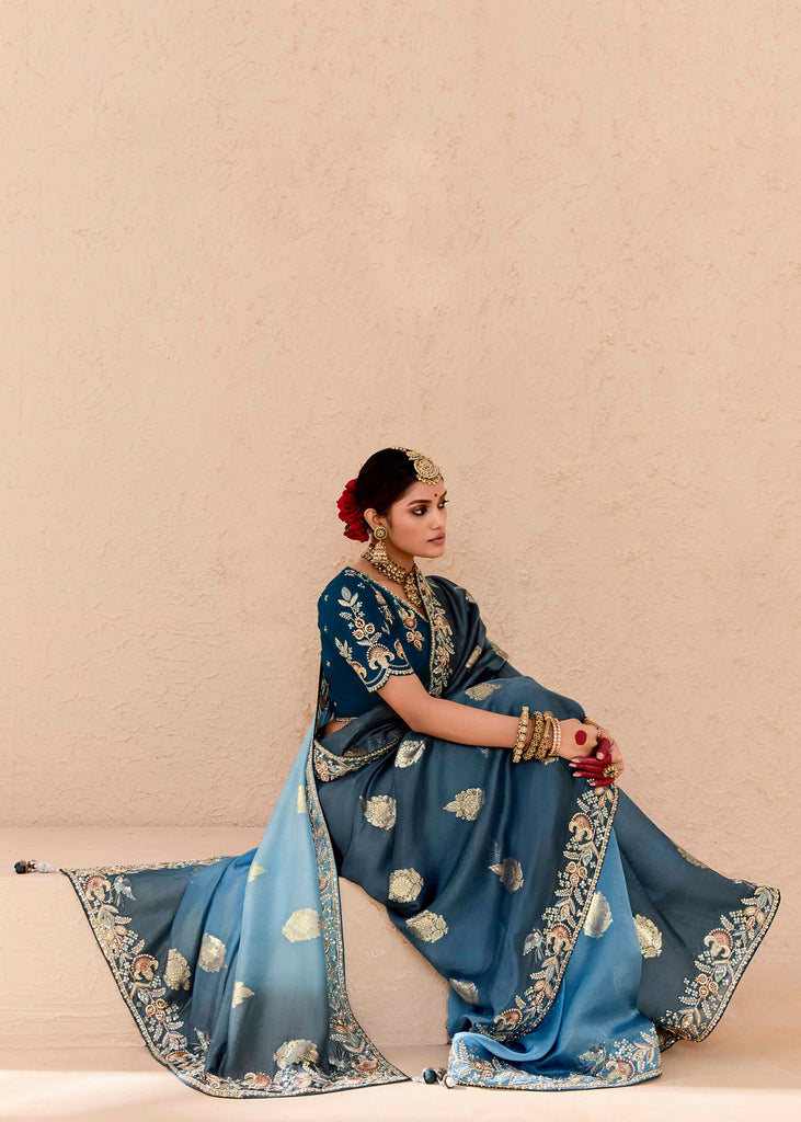 Dutch Blue Heavy Embroidered Designer Silk Saree