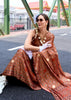 Caramel Brown Satin Crepe Digital Printed Saga Saree With Contrast Blouse