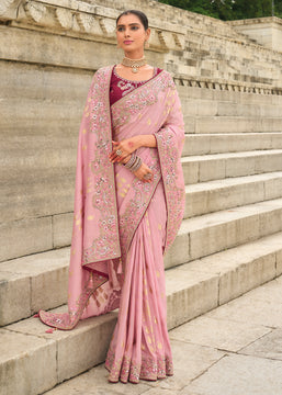 Rose Pink Woven Banarasi Designer Silk Saree With Embroidered Blouse