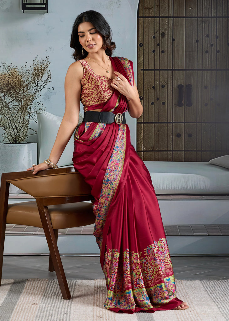 Maroon Printed Satin Silk Saree