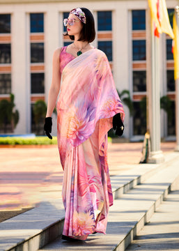 Rose Pink Satin Crepe Printed Silk Saree