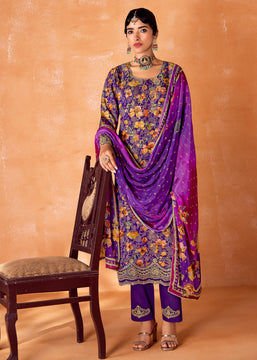 Orchid Purple Embroidered Suit Set With Floral Print