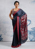 Jet Black Satin Silk Saree with Ajrakh Printed Pallu and Blouse