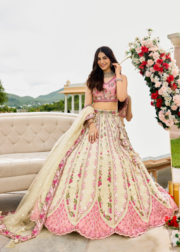 Pristine White Tissue Embroidered Wedding Lehenga