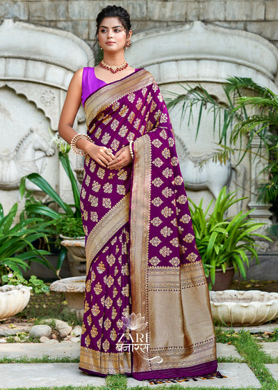 Immortal Blooms: Banarasi Silk Saree with Meenakari Floral Motifs in the Shades of Purple (7644367225025) (7708040396993)