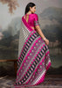Hot Pink And White Printed Satin Silk Saree