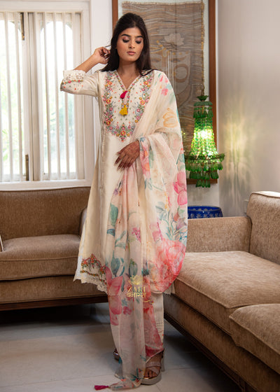 Ivory Bloom Embroidered Silk Suit Set (10702894825665)
